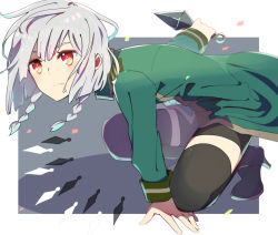 Rule 34 | 1girl, arm support, bike shorts, black shorts, black thighhighs, border, braid, closed mouth, from behind, full body, green jacket, grey background, high heels, holding, holding weapon, jacket, kunai, long hair, long sleeves, looking away, original, outside border, red eyes, shorts, solo, sou (tuhut), squatting, thighhighs, twin braids, v-shaped eyebrows, weapon, white border, white hair