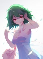 Rule 34 | 1girl, alternate costume, backlighting, breasts, chiroru (cheese-roll), cleavage, collarbone, dress, dutch angle, gradient background, green hair, highres, kazami yuuka, looking at viewer, mouth hold, off shoulder, pov, red eyes, short hair, sleeveless, solo focus, strap slip, string, string of fate, sundress, touhou