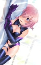Rule 34 | 1girl, bare shoulders, bed, blush, bodysuit, breasts, cleavage, elbow gloves, fate/grand order, fate (series), gloves, highres, large breasts, looking at viewer, lying, mash kyrielight, nervous smile, nyanmaru, on side, pillow, purple eyes, purple gloves, purple hair, short hair, smile, solo, thighhighs