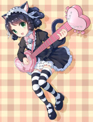 Rule 34 | 10s, 1girl, animal ears, bell, black hair, black skirt, bow, bowtie, cat ears, cat tail, curly hair, cyan (show by rock!!), drogoth, green eyes, guitar, headdress, heart, heart guitar, highres, instrument, looking at viewer, mary janes, plaid, plaid background, shoes, short hair, show by rock!!, skirt, strawberry heart (show by rock!!), striped clothes, striped thighhighs, tail, thighhighs, zettai ryouiki