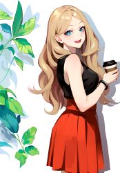 Rule 34 | 1girl, :d, black tank top, blonde hair, blue eyes, bracelet, breasts, creatures (company), cup, disposable cup, from side, game freak, highres, holding, holding cup, jewelry, leaf, long hair, looking at viewer, looking to the side, medium breasts, nintendo, no headwear, open mouth, pleated skirt, pokemon, pokemon xy, red skirt, serena (pokemon), shadow, shirt tucked in, skirt, smile, solo, tank top, tor (torkrub111), very long hair, wavy hair