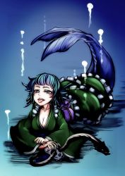 Rule 34 | 1girl, absurdres, blue eyes, blue hair, breasts, cleavage, commentary, fins, full body, green kimono, head fins, highres, japanese clothes, kimono, large breasts, long sleeves, looking at viewer, lying, mask 3dcg, mermaid, monster girl, obi, on stomach, open mouth, purple sash, sash, short hair, skull, snake, solo, the pose, tongue, tongue out, touhou, wakasagihime, wide sleeves
