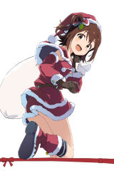 Rule 34 | 1girl, ass, bare shoulders, black gloves, blush, boots, bow, breasts, brown eyes, brown hair, capelet, christmas, detached sleeves, dot nose, from behind, fur-trimmed boots, fur-trimmed headwear, fur-trimmed jacket, fur-trimmed skirt, fur-trimmed sleeves, fur trim, gloves, hair bow, hair ornament, hair ribbon, hat, highres, holding, holding sack, idolmaster, idolmaster million live!, idolmaster million live! theater days, jacket, kasuga mirai, leaf hair ornament, leg up, looking at viewer, looking back, medium breasts, one side up, open mouth, pom pom (clothes), rauto, red capelet, red footwear, red hat, red jacket, red ribbon, red skirt, red sleeves, ribbon, sack, santa costume, santa hat, shoe soles, short hair, side ponytail, simple background, skirt, sleeveless, sleeveless jacket, smile, solo, standing, standing on one leg, white background