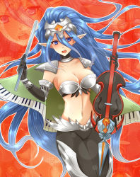 Rule 34 | 10s, 1girl, armor, belly, belt, bikini, bikini top only, blue eyes, blue hair, blue theme, blush, breastplate, breasts, cape, cardfight!! vanguard, cleavage, collar, elf, gloves, gold paladin, headdress, instrument, long hair, looking at viewer, matching hair/eyes, pantyhose, piano keys, player of the holy bow viviane, pointy ears, red background, shoulder pads, solo, swimsuit, violin, weapon