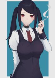 Rule 34 | 1girl, absurdres, black vest, breasts, buttons, cigarette, closed mouth, collared shirt, commentary request, expressionless, highres, holding, holding cigarette, jill stingray, long hair, long sleeves, looking at viewer, medium breasts, necktie, puffy long sleeves, puffy sleeves, purple hair, re1kirisaki342, red eyes, red necktie, shirt, solo, twintails, va-11 hall-a, vest, white shirt
