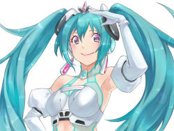 Rule 34 | 1girl, aqua hair, arm up, armpits, bad id, bad pixiv id, elbow gloves, gloves, hatsune miku, highres, liviech, long hair, purple eyes, race queen, racing miku, racing miku (2012), smile, solo, twintails, vocaloid, white background