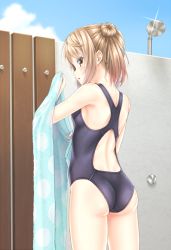 Rule 34 | 1girl, alternate costume, ass, bare shoulders, blanket, blush, breasts, commentary request, competition swimsuit, cowboy shot, double bun, gotou hisashi, hair bun, holding, kantai collection, light brown hair, looking at viewer, michishio (kancolle), one-piece swimsuit, open mouth, short twintails, single side bun, small breasts, solo, standing, swimsuit, twintails, yellow eyes