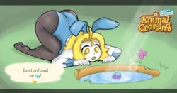 Rule 34 | 1girl, all fours, animal crossing, animal ears, antenna hair, ass, ass shake, bare shoulders, black legwear, blonde hair, blue leotard, blush stickers, breasts, colored skin, dan-chan, fake animal ears, fake screenshot, fake tail, full body, grass, hair ornament, highleg, highleg leotard, huge ass, leotard, looking to the side, nintendo, open mouth, original, pale skin, parody, playboy bunny, rabbit ears, rabbit tail, shiny clothes, short hair, smile, solo, tail, top-down bottom-up, venkydraws, water, white skin, yellow eyes