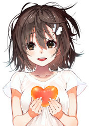 Rule 34 | 1girl, :d, absurdres, brown eyes, brown hair, collarbone, fingernails, hair between eyes, hair ornament, hairpin, hands up, heart, highres, kawakami masaki, looking at viewer, open mouth, original, round teeth, shirt, short hair, short sleeves, simple background, smile, solo, teeth, upper body, upper teeth only, white background, white shirt