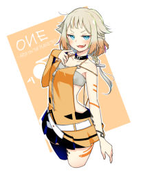 Rule 34 | 1girl, black thighhighs, blonde hair, blue eyes, blush, cevio, character name, choker, commentary request, dress, elbow gloves, fang, finger to own chin, fingerless gloves, gloves, halterneck, highres, long hair, looking at viewer, one (cevio), orange dress, ponytail, shiyoheee, sidelocks, single glove, single thighhigh, smile, solo, thighhighs