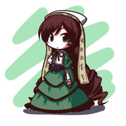 Rule 34 | 00s, 1girl, brown hair, chibi, dress, drill hair, fictional sister, frills, green dress, green eyes, hat, heterochromia, lolita fashion, long hair, long sleeves, red eyes, ribbon, rozen maiden, simple background, solo, suiseiseki, twin drills, twintails, very long hair