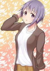 Rule 34 | 1girl, blush, brown jacket, commentary request, grey eyes, grey hair, hand in own hair, idolmaster, idolmaster cinderella girls, jacket, leaf, leaf background, looking at viewer, open clothes, open jacket, open mouth, otokura yuuki, shirt, short hair, skirt, sleeves rolled up, solo, suzutarou gunsou, white shirt, yellow skirt
