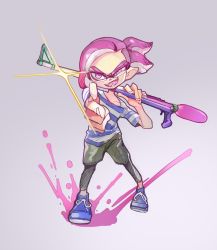 Rule 34 | 1boy, fangs, full body, glasses, highres, inkling, inkling boy, inkling player character, leggings, looking at viewer, male focus, mkakimikan, nintendo, pointing, pointing at viewer, ponytail, purple background, purple eyes, purple hair, shirt, shoes, shorts, simple background, smile, sneakers, solo, splat charger (splatoon), splatoon (series), splatoon 2, striped clothes, striped shirt, tentacle hair