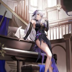 Rule 34 | 1girl, aether gazer, bare legs, black dress, dress, grand piano, hades (aether gazer), hairband, indoors, instrument, looking at viewer, nail polish, piano, piano bench, purple nails, sheet music, solo, tearlessflower, white hair, yellow eyes
