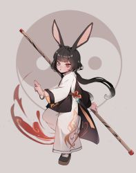 Rule 34 | 1girl, animal ears, bracelet, brown hair, dongbaegsi, gold bracelet, grey eyes, heterochromia, highres, japanese clothes, jewelry, long hair, looking at viewer, lord of heroes, mei ling qiao, pale skin, polearm, rabbit ears, rabbit girl, red eyes, solo, traditional clothes, weapon