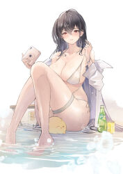 Rule 34 | 1girl, azur lane, barefoot, bikini, black hair, blush, bottle, bracelet, breasts, camera, can, cleavage, collarbone, commentary request, full body, holding, holding camera, jewelry, large breasts, long sleeves, looking at viewer, manjuu (azur lane), official alternate costume, parted lips, red eyes, sea nami, shirt, side-tie bikini bottom, sideboob, simple background, sitting, smile, swimsuit, taihou (azur lane), taihou (seaside daydreams) (azur lane), thigh strap, thighs, white background, white bikini, white shirt