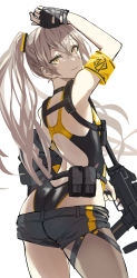 Rule 34 | 1girl, absurdres, armband, backless swimsuit, brown hair, closed mouth, female focus, fingerless gloves, from behind, fujita (condor), girls&#039; frontline, gloves, gun, h&amp;k ump, h&amp;k ump, hair tie, highres, holding, holding gun, holding weapon, long hair, looking at viewer, scar, scar across eye, side ponytail, simple background, solo, standing, swimsuit, ump45 (girls&#039; frontline), upper body, weapon