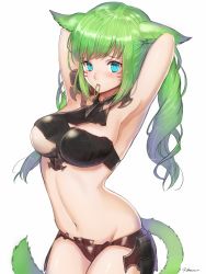 Rule 34 | 10s, 1girl, absurdres, animal ears, aqua eyes, armor, armpits, arms up, bad id, bad pixiv id, bibico, bikini armor, breasts, cowboy shot, facial mark, final fantasy, final fantasy xiv, green hair, highres, large breasts, long hair, miqo&#039;te, mouth hold, navel, simple background, solo, tail, twintails, tying hair, warrior of light (ff14), white background