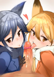 Rule 34 | 10s, 1boy, 2girls, animal ears, black bow, black bowtie, black gloves, blonde hair, blue jacket, blush, bow, bowtie, brown eyes, censored, clothed female nude male, clothed sex, commentary request, cooperative fellatio, erection, ezo red fox (kemono friends), fellatio, ffm threesome, fox ears, fox girl, gloves, gradient hair, grey hair, group sex, heart, heart censor, highres, jacket, kemono friends, licking, licking penis, long hair, looking at viewer, multicolored hair, multiple girls, muoto, nude, oral, orange jacket, penis, penis grab, pov, saliva, silver fox (kemono friends), simple background, sweatdrop, threesome, tongue, tongue out, two-tone hair, white background, white bow, white bowtie
