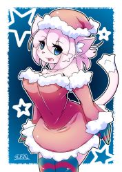 Rule 34 | 1girl, blue eyes, breasts, cat, christmas, dress, female focus, furry, furry female, gachirin (mint0527), gradient background, hat, open mouth, pink hair, santa costume, short hair, solo