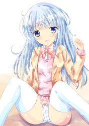 Rule 34 | 1girl, :d, blazer, blue eyes, blue hair, blush, bow, bow panties, bowtie, brown jacket, cameltoe, collared shirt, commentary request, dress shirt, hand up, head tilt, jacket, long hair, long sleeves, looking at viewer, no pants, open mouth, orange bow, orange bowtie, original, panties, pink sweater, shihou haru, shirt, sitting, smile, solo, sweater, thighhighs, underwear, very long hair, white panties, white shirt, white thighhighs