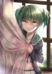 Rule 34 | 1girl, alternate hairstyle, bad id, bad pixiv id, blush, cardigan, collarbone, commentary request, cowboy shot, curtains, dated, embarrassed, green eyes, green hair, green sailor collar, grey cardigan, groin, hair intakes, heterochromia, highres, jewelry, kantai collection, kiso (kancolle), kiso kai ni (kancolle), looking at viewer, midriff, military, military uniform, naval uniform, navel, neckerchief, open cardigan, open clothes, pleated skirt, red neckerchief, ring, sailor collar, school uniform, see-through, serafuku, short hair, sidelocks, signature, skirt, solo, sweatdrop, twintails, twintails day, uniform, wavy mouth, wedding ring, white serafuku, white skirt, window, yellow eyes, yuihira asu