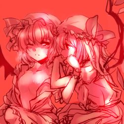 Rule 34 | 2girls, bad id, bad pixiv id, breasts, female focus, flandre scarlet, flat chest, hat, heavy breathing, incest, irua, lowres, multiple girls, nipples, open clothes, open shirt, red theme, remilia scarlet, shirt, siblings, sisters, small breasts, touhou, undressing, wince, wings, yuri