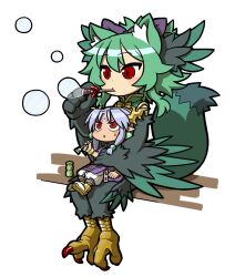 1girl 1other animal_ears animal_feet bird_legs blowing_bubbles bubble character_request claws feathered_wings full_body green_hair green_wings harpy horns long_hair monster_girl morgan_(shinrabanshou) multiple_girls pointy_ears purple_hair red_eyes shinrabanshou simple_background sitting sitting_on_lap sitting_on_person slit_pupils tail ume_(noraneko) white_background winged_arms wings