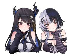 Rule 34 | 2girls, absurdres, arm strap, arm warmers, asymmetrical horns, bare shoulders, belt, black belt, black bow, black bowtie, black choker, black dress, black flower, black gloves, black hair, black horns, blue hair, blush, bow, bowtie, breasts, chest belt, choker, cleavage, closed mouth, clothing cutout, colored inner hair, commentary, cropped torso, demon horns, dress, english commentary, flower, flower knot, gloves, grey hair, hair ornament, hand on own cheek, hand on own face, head rest, head tilt, highres, hololive, hololive english, horn flower, horns, kato yuurina, lace, lace choker, large breasts, long hair, long sleeves, looking at viewer, medium breasts, mole, mole under eye, multicolored hair, multiple girls, nerissa ravencroft, nerissa ravencroft (1st costume), red eyes, ribbed shirt, shiori novella, shiori novella (1st costume), shirt, shoulder cutout, side-by-side, signature, simple background, sleeveless, sleeveless dress, smile, split-color hair, split mouth, straight hair, striped arm warmers, swept bangs, tassel, tassel hair ornament, two-tone hair, uneven horns, virtual youtuber, white background, white shirt, yellow eyes