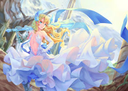 Rule 34 | 1girl, armor, bigrbear, blonde hair, blue dress, blue eyes, boots, breasts, day, dress, drill hair, elbow gloves, full body, gauntlets, gloves, greaves, hand on own hip, highres, holding, holding sword, holding weapon, long hair, looking at viewer, navel, original, outdoors, over shoulder, parted lips, single gauntlet, small breasts, smile, solo, standing, sword, twin drills, weapon, weapon over shoulder, white gloves