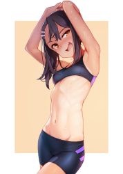 Rule 34 | 1girl, :d, armpits, arms up, ataruman, bike shorts, black hair, blush, breasts, commentary request, fang, gesugao, groin, hair ornament, hairclip, highres, ijiranaide nagatoro-san, long hair, looking at viewer, nagatoro hayase, navel, one-piece tan, open mouth, orange eyes, simple background, skin fang, small breasts, smile, solo, sports bra, stomach, sweat, tan, tanline, uneven eyes, white background