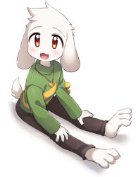 1boy asriel_dreemurr barefoot black_pants collared_sweater full_body green_sweater highres leftporygon long_sleeves male_focus open_mouth pants red_eyes simple_background sitting smile solo sweater tail undertale white_background white_fur yellow_stripes