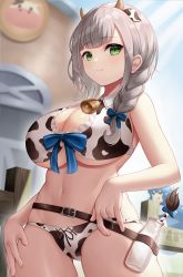 Rule 34 | 2girls, :q, absurdres, animal print, bare shoulders, bell, blue bow, blurry, blurry background, bottle, bow, bra, braid, breasts, cleavage, commentary request, cow horns, cow print, cowbell, cowboy shot, depth of field, green eyes, hair bow, highres, hololive, horns, large breasts, long hair, looking at viewer, milk bottle, multiple girls, navel, panties, print bra, print panties, roina (effj7473), shirogane noel, shirogane noel (casual), silver hair, smile, standing, stomach, tongue, tongue out, underboob, underwear, virtual youtuber, wide hips, yukihana lamy