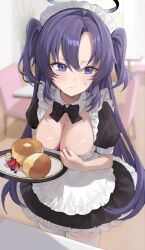 Rule 34 | 1girl, alternate costume, apron, banana, black dress, blue archive, blue eyes, blueberry, blurry, blurry background, blush, breasts, cafe, cleavage, cowboy shot, dress, food, frilled apron, frills, fruit, halo, highres, indoors, large breasts, long hair, looking to the side, maid, maid apron, maid headdress, mechanical halo, pancake, purple hair, ri yonn, solo, souffle pancake, standing, strawberry, thighhighs, two side up, white apron, white thighhighs, yuuka (blue archive)