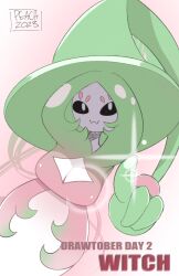 Rule 34 | 1girl, :3, alternate color, alternate shiny pokemon, artist name, black sclera, breasts, cleavage, closed mouth, colored sclera, colored skin, creatures (company), dated, english text, female focus, game freak, gen 8 pokemon, glint, gradient hair, green hair, green hat, happy, hat, hatterene, highres, index finger raised, inktober, large breasts, long hair, looking up, multicolored hair, nintendo, peach-cup, pink background, pink hair, pokemon, pokemon (creature), prehensile hair, signature, smile, solo, two-tone hair, very long hair, white eyes, white skin, witch hat