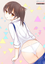 Rule 34 | 10s, 1girl, 2014, ass, bad id, bad pixiv id, brown hair, clothes pull, dated, japanese clothes, kaga (kancolle), kantai collection, looking at viewer, looking back, panties, partially undressed, short hair, side ponytail, signature, skirt, skirt pull, solo, twitter username, underwear, white panties, yadapot