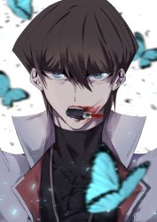 Rule 34 | 1boy, absurdres, bad id, bad twitter id, bee duel, black bodysuit, blue butterfly, blurry, blurry background, bodysuit, brown hair, bug, butterfly, collared jacket, empty eyes, face, hair between eyes, high collar, highres, in mouth, insect, jacket, jewelry, kaiba seto, lipstick, looking at viewer, makeup, male focus, multicolored clothes, multicolored jacket, necklace, red lips, shaded face, short hair, skindentation, solo, teeth, tight clothes, two-tone jacket, white jacket, yu-gi-oh!, yu-gi-oh! duel monsters