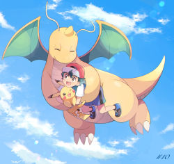 Rule 34 | 1boy, :d, ash ketchum, bad id, bad pixiv id, baseball cap, black hair, blue shorts, blue sky, carrying, cloud, cloudy sky, commentary request, creature, creatures (company), dragon, dragonite, episode number, closed eyes, flying, game freak, gen 1 pokemon, hat, highres, holding, holding pokemon, looking at another, male focus, mei (maysroom), nintendo, no socks, one eye closed, open mouth, pikachu, pokemon, pokemon (anime), pokemon (creature), pokemon journeys, red headwear, shirt, shoes, shorts, signature, sky, smile, teeth, upper teeth only, white shirt