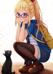 Rule 34 | 1girl, animal, backpack, bag, black cat, blonde hair, blue-framed eyewear, blue jacket, blue shorts, blush, boots, bow, brown footwear, brown thighhighs, cat, commentary request, dress shirt, full body, glasses, hair bow, hair ornament, hands on own cheeks, hands on own face, heart, heart-shaped pupils, high ponytail, highres, jacket, kin-iro mosaic, kujou karen, long hair, looking at animal, minato ojitan, nose blush, open clothes, open jacket, open mouth, outdoors, ponytail, purple eyes, red bow, shirt, short shorts, short sleeves, shorts, sidelocks, solo, squatting, symbol-shaped pupils, thighhighs, thighs, very long hair, white shirt, x hair ornament