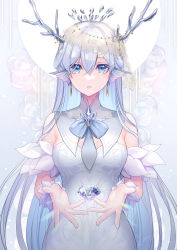 Rule 34 | 1girl, absurdres, animal ears, antler ornament, antlers, bare shoulders, beads, blue eyes, bow, breasts, circle, commentary request, crystal, cupping hands, detached sleeves, diamond (gemstone), dress, earrings, fins, floating, floral background, flower, glowing, grey bow, grey necktie, hair flowing over, half updo, head chain, head fins, highres, horns, jewelry, lace, levitation, light particles, long hair, mamo (fortune-mm), necktie, original, own hands together, parted lips, solo, tiara, upper body, veil, very long hair, white background, white dress, white flower, white hair