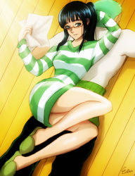 Rule 34 | 1boy, 1girl, arm behind head, black hair, black pants, blue eyes, breasts, dress, esther shen, floor, glasses, green hair, holding, light smile, long hair, long sleeves, looking at viewer, lying, lying on person, nico robin, on floor, on stomach, one piece, one piece: strong world, outstretched arms, pants, ponytail, roronoa zoro, sash, shadow, shirt, short dress, short hair, signature, striped clothes, striped dress, striped sweater, sweater, sweater dress, thighs, white shirt, wooden floor