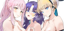 Rule 34 | 3girls, alternate breast size, blonde hair, blue archive, blue eyes, blush, breasts, girl sandwich, halo, ikuchan kaoru, large breasts, mika (blue archive), multiple girls, nude, pink hair, purple eyes, sandwiched, smile, toki (blue archive), twintails, white background, yellow eyes, yuuka (blue archive)