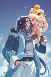 Rule 34 | 2boys, age difference, animal ears, animal hat, aqua eyes, black hair, blue eyes, carrying, cat ears, child, confetti, hand in pocket, hat, highres, long hair, long sleeves, luo xiaohei, luo xiaohei (human), luo xiaohei zhanji, multiple boys, open mouth, profile, short hair, shoulder carry, smile, suncle, upper body, very long hair, white hair, wuxian (the legend of luoxiaohei)