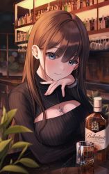 Rule 34 | 1girl, absurdres, alcohol, ballantines (whiskey), black sweater, blue eyes, blush, bottle, breasts, brown hair, cleavage, cleavage cutout, closed mouth, clothing cutout, cup, ear piercing, earrings, highres, indoors, jewelry, large breasts, long hair, long sleeves, looking at viewer, meme attire, mole, mole on breast, myowa, necklace, open-chest sweater, original, piercing, plant, product placement, ribbed sweater, shelf, sitting, smile, solo, sweater, table, turtleneck, turtleneck sweater, whiskey