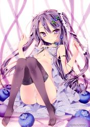 Rule 34 | 1girl, absurdres, armband, artist name, babydoll, blueberry, blush, breasts, cameltoe, choker, cleavage, covered erect nipples, feet, fingernails, food, food-themed clothes, fruit, hair ornament, hair ribbon, half updo, highres, kamiya maneki, knees together feet apart, knees up, lingerie, long hair, looking at viewer, no shoes, oversized object, panties, purple eyes, purple hair, purple thighhighs, ribbon, sitting, smile, solo, thighhighs, thighs, toes, tsurime, two side up, underboob, underwear, unmoving pattern, very long hair, white panties