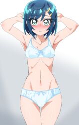 Rule 34 | 1girl, absurdres, armpits, arms behind head, arms up, blue bra, blue eyes, blue hair, blue panties, blush, bob cut, bow, bow bra, bra, breasts, commentary, cowboy shot, delicious party precure, fuwa kokone, gluteal fold, groin, highres, light frown, looking at viewer, navel, oimanji, panties, parted lips, precure, ribs, short hair, small breasts, solo, standing, underwear, underwear only