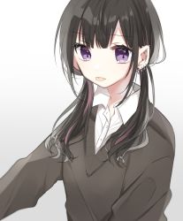 Rule 34 | 1girl, black hair, black sweater, closed mouth, collared shirt, commentary request, dress shirt, ear piercing, earrings, gradient background, grey background, hachimitsu honey, highres, jewelry, long hair, looking at viewer, low twintails, original, piercing, pointy ears, purple eyes, shirt, solo, sweater, tongue, tongue out, twintails, upper body, white background, white shirt