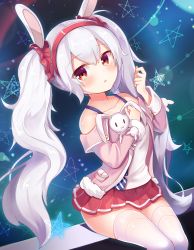 Rule 34 | 1girl, 2drr, :&lt;, animal ears, azur lane, bare shoulders, blush, collarbone, eyes visible through hair, hair between eyes, hair ornament, hair scrunchie, hairband, hand up, highres, holding, holding stuffed toy, jacket, laffey (azur lane), light particles, long hair, long sleeves, looking at viewer, microskirt, off shoulder, pentagram, pink jacket, pleated skirt, pocket, rabbit ears, red eyes, red hairband, red scrunchie, red skirt, scrunchie, shirt, silver hair, sitting, skirt, solo, stuffed animal, stuffed rabbit, stuffed toy, tank top, thighhighs, triangle mouth, twintails, very long hair, white shirt, white thighhighs