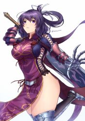 Rule 34 | 1girl, ao no kiseki, armored shoes, bow-shaped hair, breasts, bridal gauntlets, china dress, chinese clothes, double-parted bangs, dress, eiyuu densetsu, fingerless gloves, gloves, hair between eyes, hajimari no kiseki, highres, holding, holding sword, holding weapon, huge weapon, large breasts, purple eyes, purple hair, rerecoro, rixia mao, simple background, solo, sword, thick thighs, thighs, twitter username, weapon, white background, zero no kiseki
