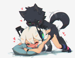 Rule 34 | 1boy, 1girl, ;d, all fours, animal ears, aqua eyes, black fur, blush, body fur, borrowed character, cable, commentary, cum, cum overflow, digitan (porforever), dog boy, dog ears, dog tail, doggystyle, electric plug, english commentary, fang, furry, furry male, furry with non-furry, green eyes, hair between eyes, happy sex, headphones, heart, hetero, highres, interspecies, kneehighs, lightning bolt symbol, long hair, nose blush, one eye closed, open mouth, original, pillow, porforever, sex, sex from behind, simple background, smile, socks, striped clothes, striped socks, sweat, tail, tail wagging, tail wrap, white background, white hair